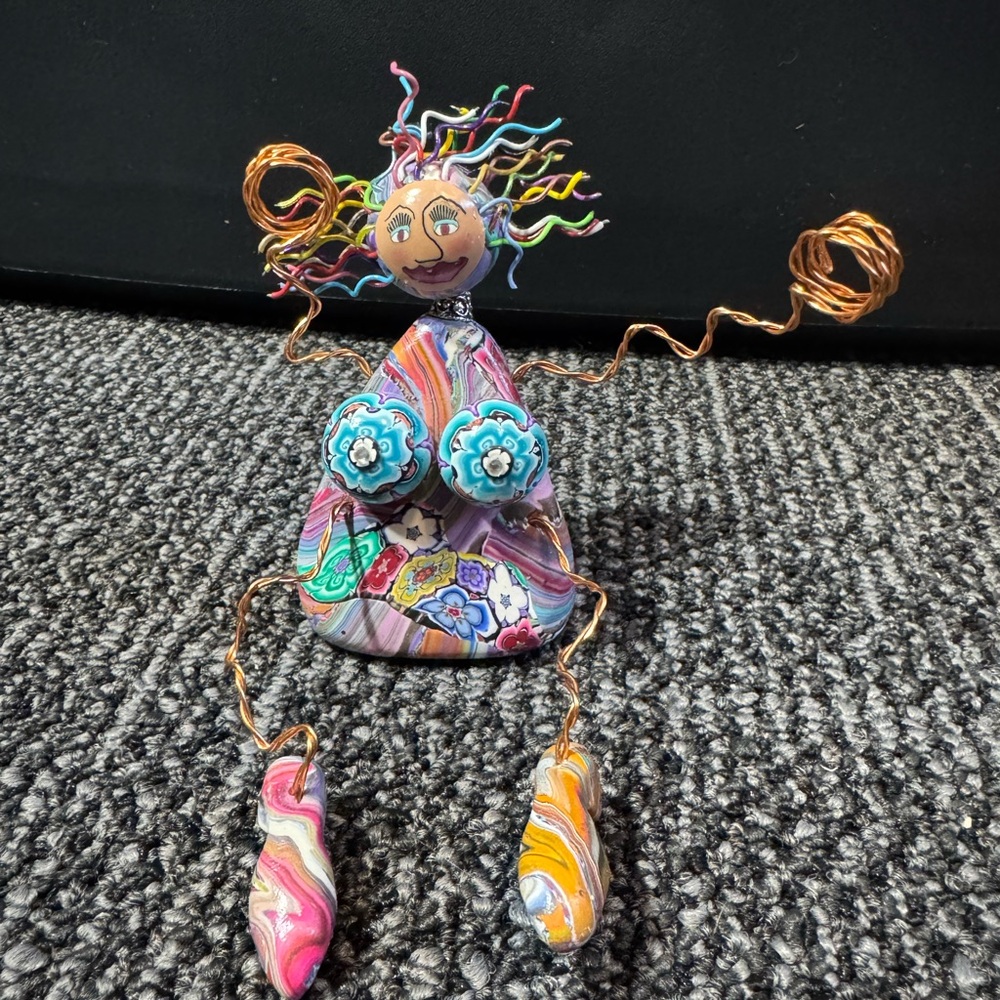 Funky Psychedelic Mixed Media Multicolor Pop Art w/ Wire Shelf Sitter Woman Lady